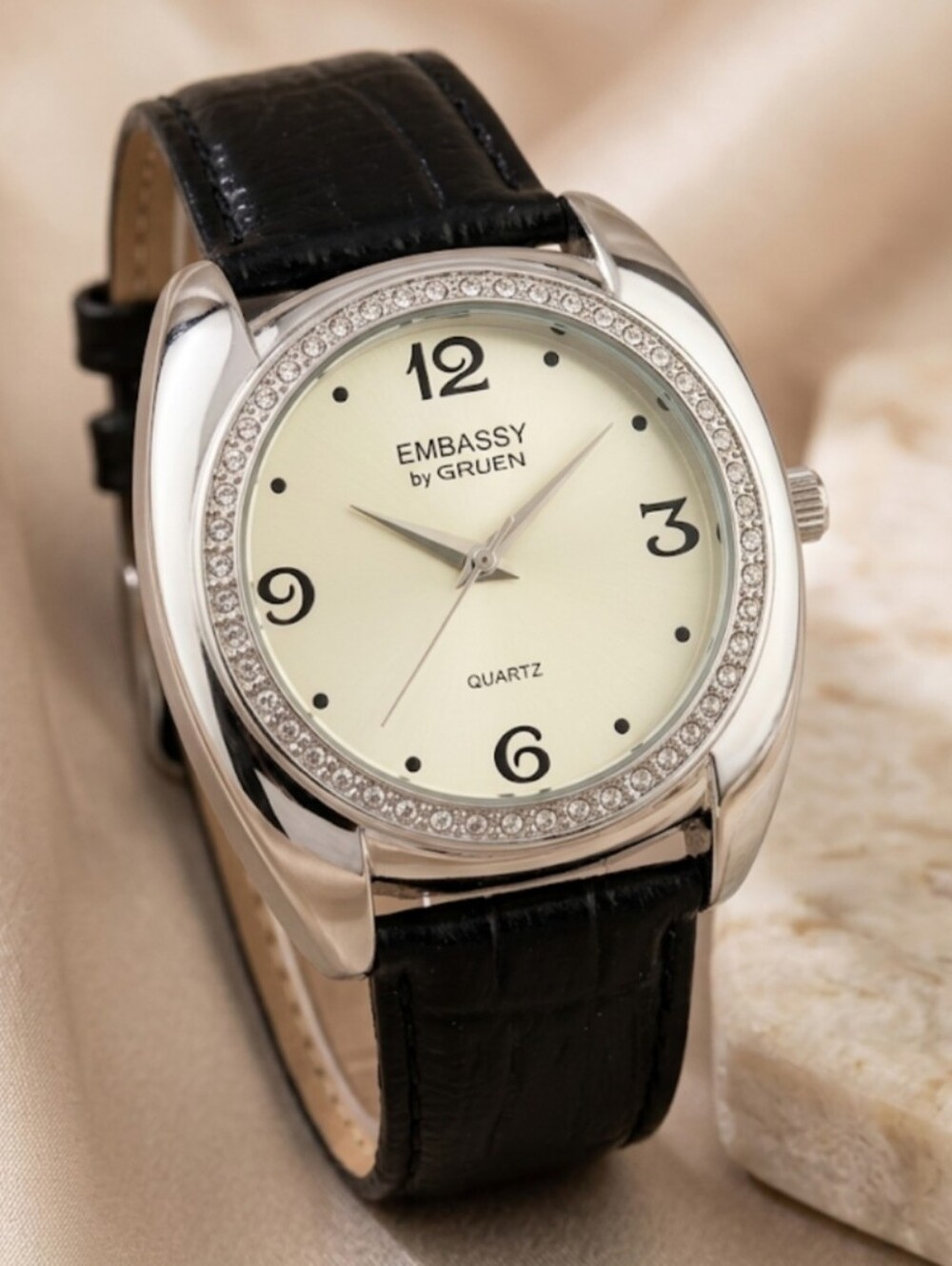 Vintage Embassy by Gruen Quartz Watch - Rhinestone Bezel & Croc Grain Leather